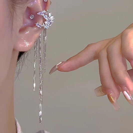 Zircon Moon Tassel Clip-on Earrings